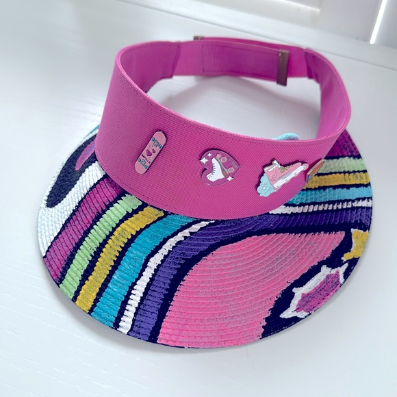 Eric Javits Pink Visor with Multicolor Brim and Patches - Picture 1 of 4